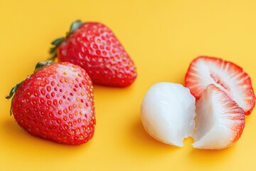 Wall Mural - A pair of ripe strawberries sit atop a bright yellow surface, ready to be enjoyed