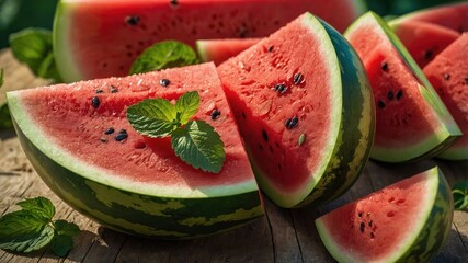 Sticker - Fresh watermelon slices arranged on a wooden surface, garnished with mint leaves.