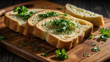 Poster - Slices of garlic bread topped with fresh herbs on a wooden cutting board.