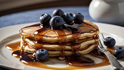 Wall Mural - A stack of pancakes topped with blueberries and syrup on a plate, ready to be enjoyed.