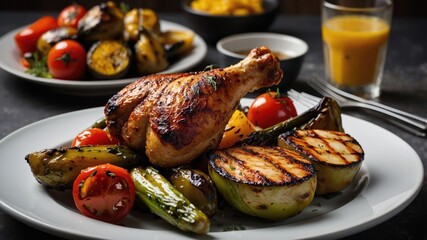 Sticker - A beautifully plated meal featuring grilled chicken, vegetables, and tomatoes.