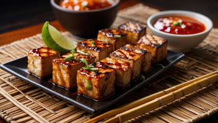 Poster - A plate of grilled tofu garnished with lime and served with dipping sauce.