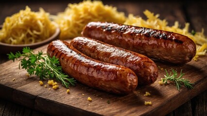 Wall Mural - Grilled sausages served on a wooden board with pasta in the background.