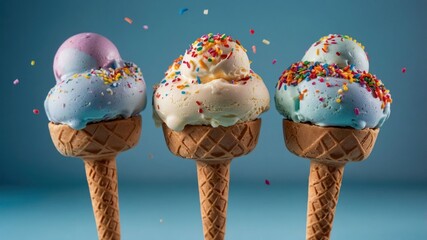 Wall Mural - Three colorful ice cream cones with sprinkles against a blue background.