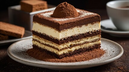 Wall Mural - A delicious layered dessert topped with cocoa powder, showcasing rich textures and flavors.