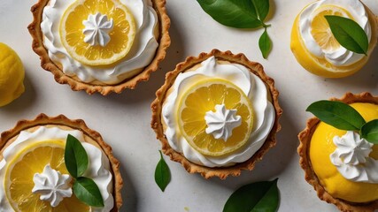 Wall Mural - A delightful arrangement of lemon tarts topped with whipped cream and garnished with lemon slices.