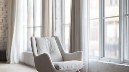 Wall Mural - A single white chair sits in front of a window with soft light and possibly a view