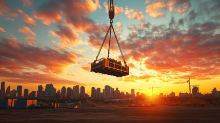 Wall Mural - Crane lifting cargo against a vibrant sunset skyline, showcasing urban construction activity