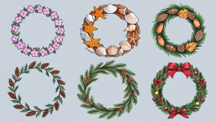 Wall Mural - Six Diverse Hand Drawn Wreaths Floral Seashell Pine Cone Christmas and More