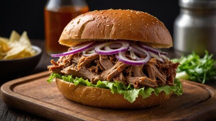 Poster - A delicious pulled pork sandwich with lettuce and onions on a wooden board.