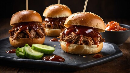 Poster - Three pulled pork sliders with barbecue sauce and pickles on a dark wooden surface.