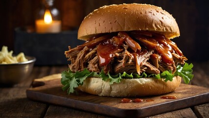 Poster - A delicious pulled pork sandwich topped with barbecue sauce, served on a wooden board.