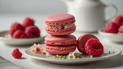 Wall Mural - A plate of pink macarons with raspberries and flowers, showcasing a delightful dessert display.