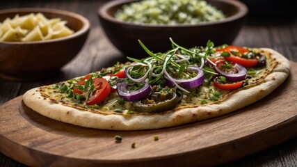 Sticker - A delicious flatbread topped with vegetables, served on a wooden board with side dishes.