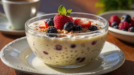 Wall Mural - A bowl of creamy dessert topped with fresh berries and granola, served with coffee.