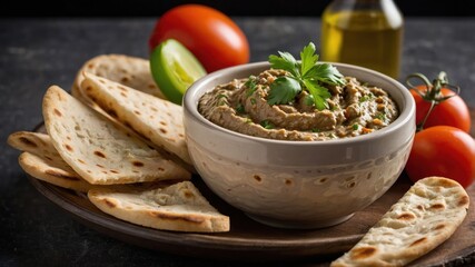 Sticker - A bowl of hummus surrounded by pita bread, tomatoes, and green vegetables.