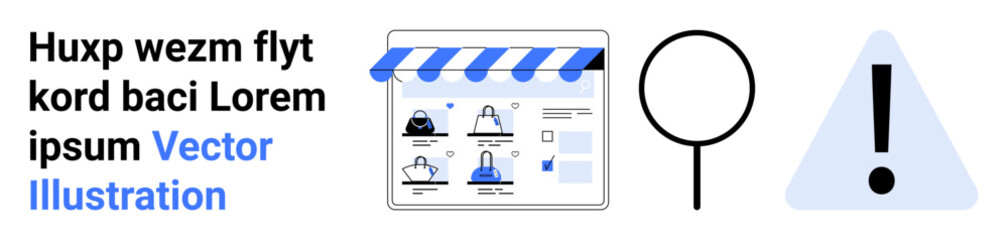E-commerce storefront with various shopping icons, a search tool, and a caution symbol. Ideal for online shopping, digital marketing, SEO, customer service, user interface design, web development