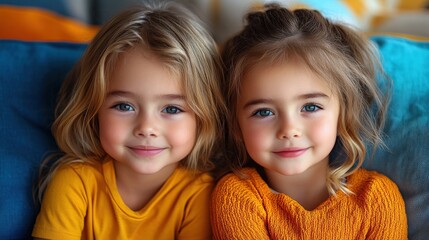 Wall Mural - Two young girls with blonde hair smiling joyfully while sitting on a colorful couch indoors