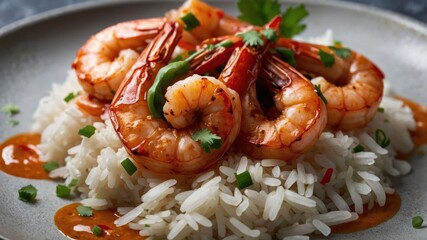 Poster - A delicious plate of shrimp served over fluffy white rice with garnishes.