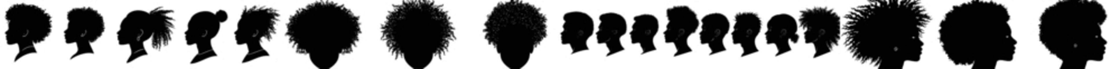 Poster - A collection of black female avatar silhouettes. Ink portraits of girls with trendy hairstyles from different nationalities for social media and modern personal accounts