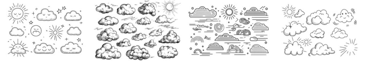 Wall Mural - Modern linear clouds. Set of isolated contour images of clouds, wind, and storm eddies. Outline of modern illustration