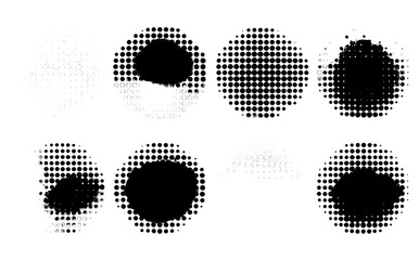 Canvas Print - Halftone dot shapes. Gradually darken black dot design elements. Stylish geometric ellipses, circles, and drips. Elegant circular gradient effects, contemporary kit