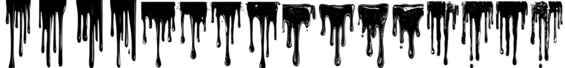 Poster - Horizontal black seamless stains with dripping patterns, leaking silhouettes of liquid, melting paints, and flowing black ink drops in isolated graphics