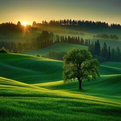 Wall Mural - A serene landscape with rolling green hills, a lone tree, and the sun rising above a forest, creating a peaceful and picturesque scene.