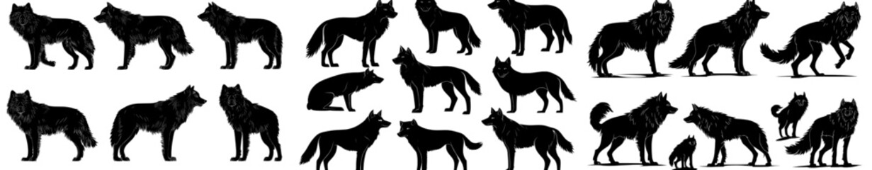 Wall Mural - Silhouettes of wolves. Lone wolf emblems, graphic designs featuring wildlife, simple black and modern illustrations