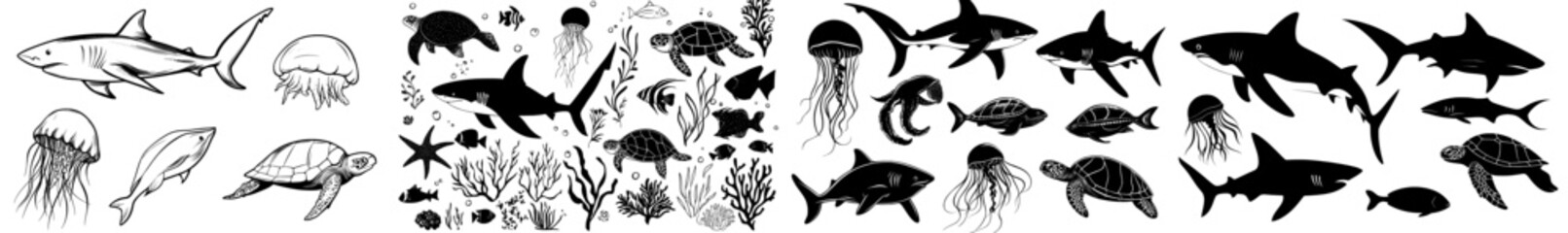 Wall Mural - A collection of monochrome silhouettes featuring marine animals, including a sea turtle, whale shark, eagle ray, manta ray, octopus, and fish, along with seaweed. The clipart is modern and isolated.