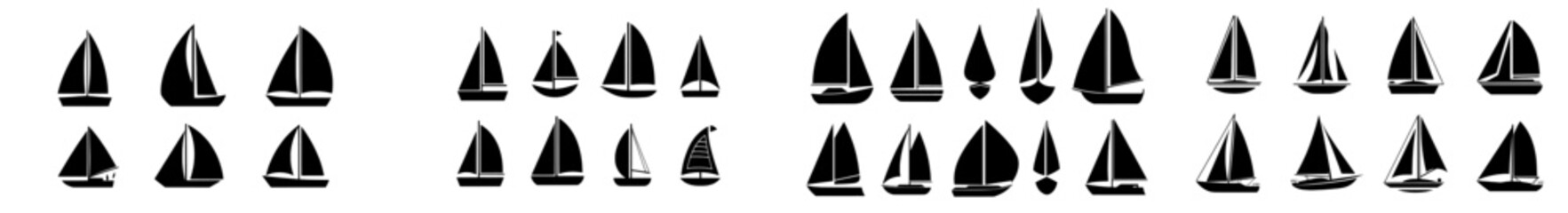 Canvas Print - A collection of black icons featuring sailing boat silhouettes. These transport and travel icons include marine ships with sails and yachts, designed for nautical themes, yacht clubs, and simple