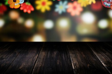 A wooden table decorated with vibrant paper flowers