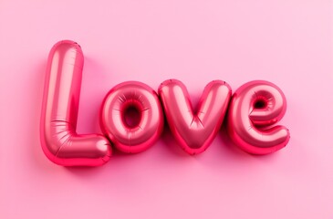 shiny balloons with the text love on a pink background.