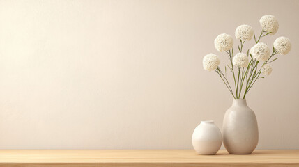 Sticker - Elegant white flowers in soft beige vase on wooden table create serene atmosphere