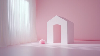 Wall Mural - Minimalist home design with pink backdrop and geometric shapes evokes tranquility