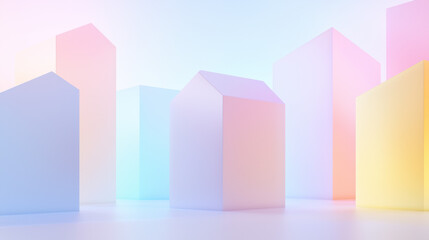 Leinwandbilder - Soft gradient background with pastel colored geometric houses creating serene atmosphere