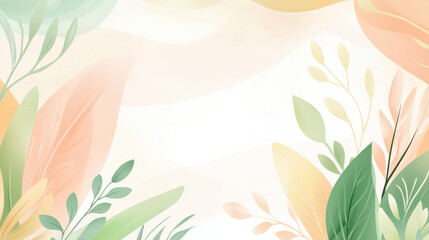 Leinwandbilder - Soft pastel wallpaper featuring abstract shapes and leaves, creating serene atmosphere. Ideal for backgrounds or design projects