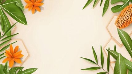 Leinwandbilder - Fresh tropical leaves and orange flowers frame light background, creating vibrant and inviting atmosphere. Perfect for nature themed designs