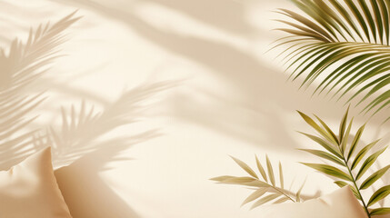 Poster - Subtle earth tones create serene atmosphere with palm leaves casting shadows on light background, perfect for home decor