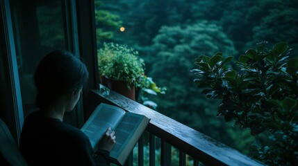 Wall Mural - Woman Reads Book Balcony Rainy Forest View