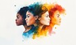 © Galina - Watercolor brushstroke illustration of group of 3 women standing side by side, showcasing diversity and unity. International Women's Day. Banner for March 8. Women's rights movement