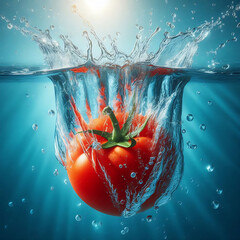 Fresh Tomato Splashing into Water on Blue Background