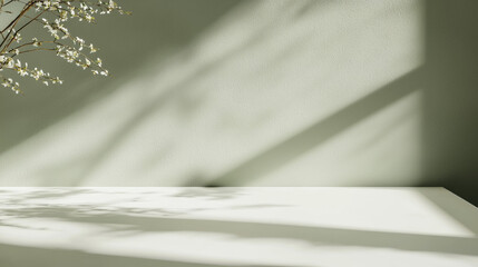 Aufkleber - clean white surface with soft green shadows and delicate branches creates serene atmosphere