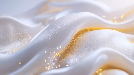 Poster - Luxurious white fabric with hint of gold shimmer, creating elegant texture. soft waves and sparkling details evoke sense of opulence