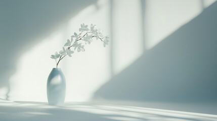 Poster - minimalist vase with white flowers casts soft shadows on clean surface. serene atmosphere enhances beauty of simplicity