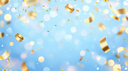 Poster - Bright gold confetti and shimmering lights on soft blue background create festive atmosphere. Perfect for celebrations and joyful events