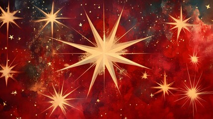 Poster - Abstract cosmic background featuring radiant stars in a celestial scene with vibrant red, deep blue, and shimmering gold colors, ideal for holiday themes or dreamy designs.