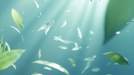 Poster - Floating green leaves in soothing blue tones create tranquil atmosphere