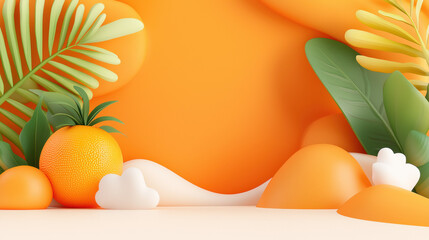 Aufkleber - Soft orange backdrop with abstract shapes, featuring tropical leaves and fruit. vibrant and cheerful composition perfect for various designs