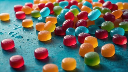 A colorful assortment of gummy candies scattered on a blue surface.